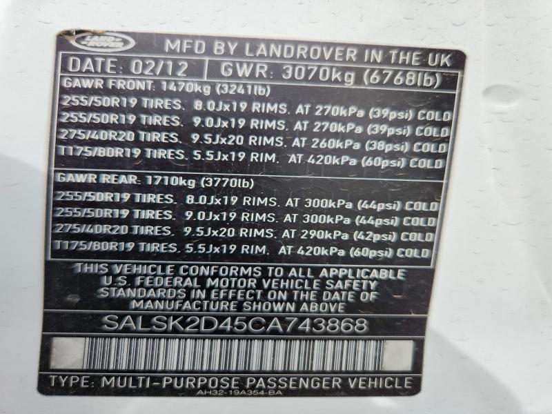 Aukcja sprzedaży 2012 Land Rover Range Rover Sport, vin: SALSK2D45CA743868, numer aukcji: 64641396
