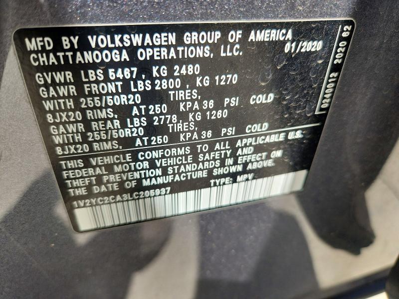 2020 Volkswagen Atlas Cross Sport მანქანა იყიდება აუქციონზე, vin: 1V2YC2CA3LC205937, აუქციონის ნომერი: 64926496