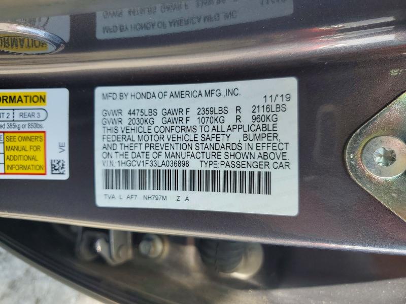 2020 Honda Accord მანქანა იყიდება აუქციონზე, vin: 1HGCV1F33LA036898, აუქციონის ნომერი: 64266756