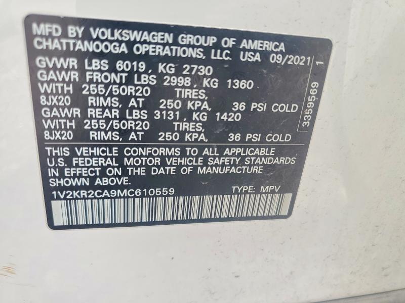 2021 Volkswagen Atlas მანქანა იყიდება აუქციონზე, vin: 1V2KR2CA9MC610559, აუქციონის ნომერი: 60616616