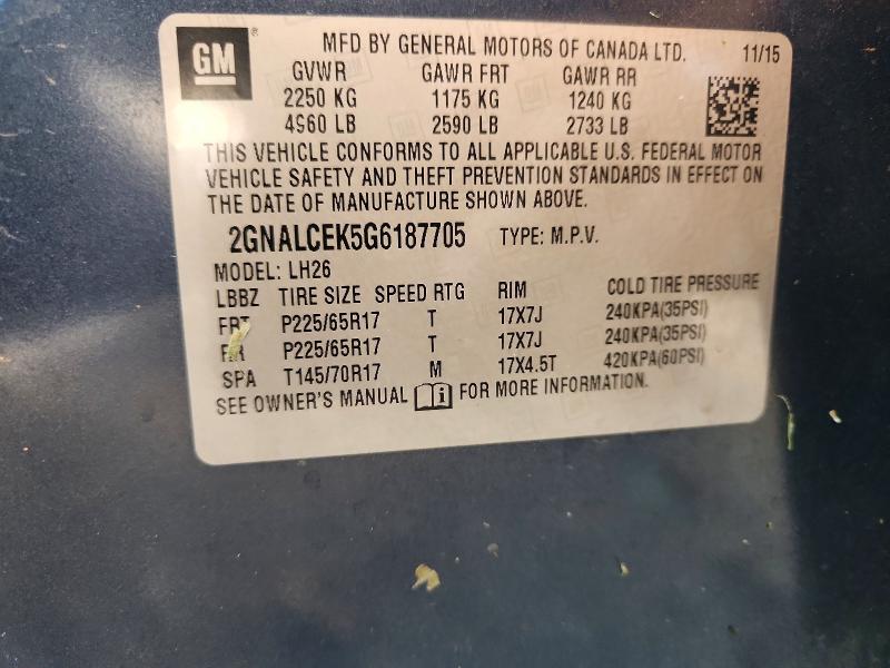 65828296 :رقم المزاد ، 2GNALCEK5G6187705 vin ، 2016 Chevrolet Equinox مزاد بيع