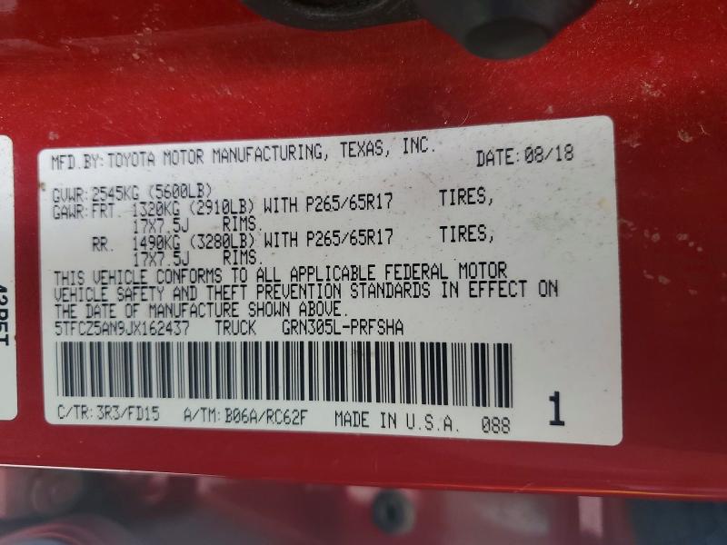 63674716 :رقم المزاد ، 5TFCZ5AN9JX162437 vin ، 2018 Toyota Tacoma مزاد بيع