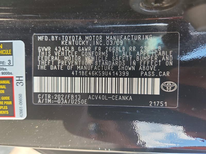 Aukcja sprzedaży 2009 Toyota Camry, vin: 4T1BE46K59U414399, numer aukcji: 66477116