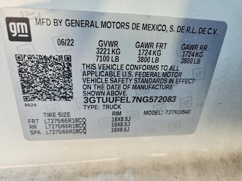 2022 Gmc Sierra მანქანა იყიდება აუქციონზე, vin: 3GTUUFEL7NG572083, აუქციონის ნომერი: 63385936