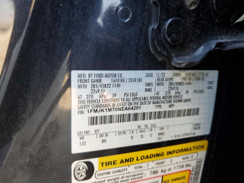 2022 Ford Expedition მანქანა იყიდება აუქციონზე, vin: 1FMJK1MT0NEA64201, აუქციონის ნომერი: 63238866