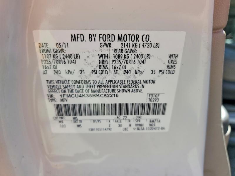 2011 Ford Escape მანქანა იყიდება აუქციონზე, vin: 1FMCU4K35BKC52216, აუქციონის ნომერი: 65759546