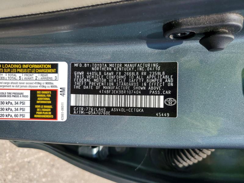 2011 Toyota Camry მანქანა იყიდება აუქციონზე, vin: 4T4BF3EK9BR107404, აუქციონის ნომერი: 63008336
