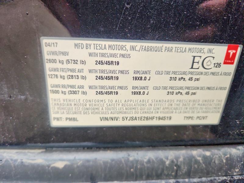 2017 Tesla Model S მანქანა იყიდება აუქციონზე, vin: 5YJSA1E26HF194519, აუქციონის ნომერი: 65699536