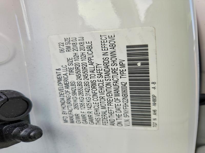 Продажа на аукционе авто 2022 Honda Pilot, vin: 5FNYF6H22NB060042, номер лота: 64036596