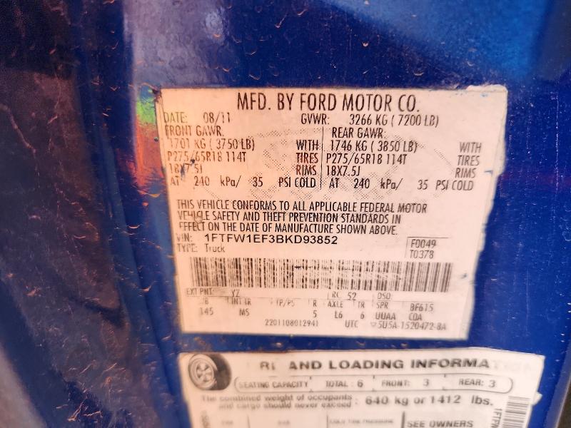 65179356 :رقم المزاد ، 1FTFW1EF3BKD93852 vin ، 2011 Ford F150 مزاد بيع