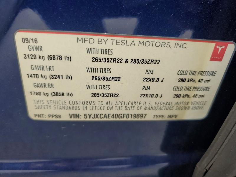66295566 :رقم المزاد ، 5YJXCAE40GF019697 vin ، 2016 Tesla Model X مزاد بيع