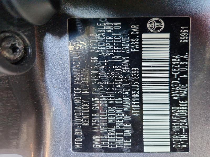 Aukcja sprzedaży 2018 Toyota Camry, vin: 4T1B11HK5JU518399, numer aukcji: 65734166