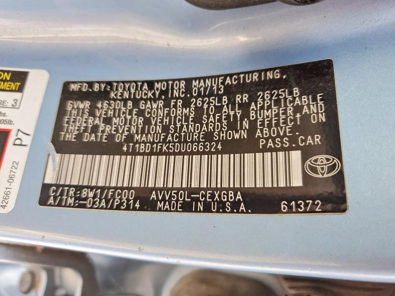 2013 Toyota Camry Hybrid მანქანა იყიდება აუქციონზე, vin: 4T1BD1FK5DU066324, აუქციონის ნომერი: 63806896