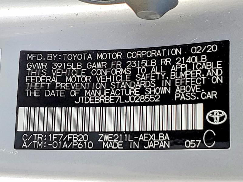 Aukcja sprzedaży 2020 Toyota Corolla, vin: JTDEBRBE7LJ028552, numer aukcji: 65722256