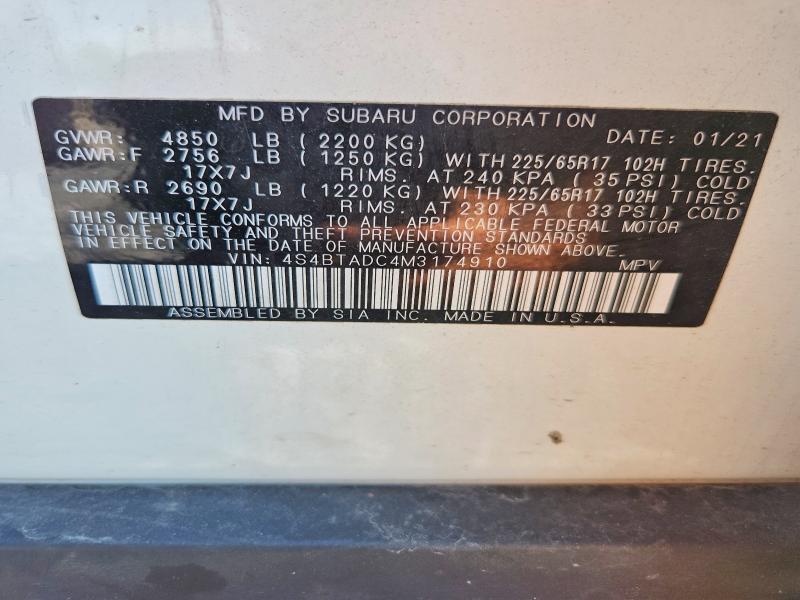 2021 Subaru Outback მანქანა იყიდება აუქციონზე, vin: 4S4BTADC4M3174910, აუქციონის ნომერი: 64849346