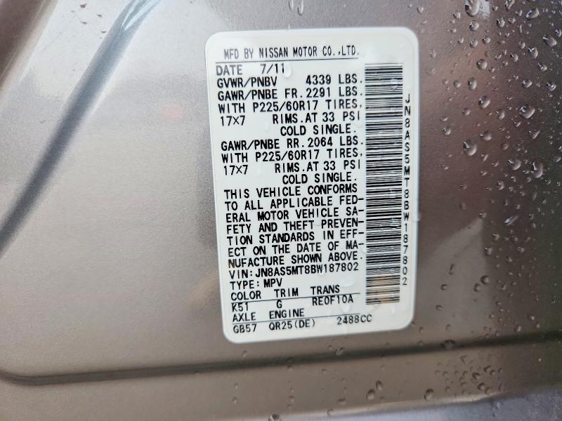 67103816 :رقم المزاد ، JN8AS5MT8BW187802 vin ، 2011 Nissan Rogue مزاد بيع