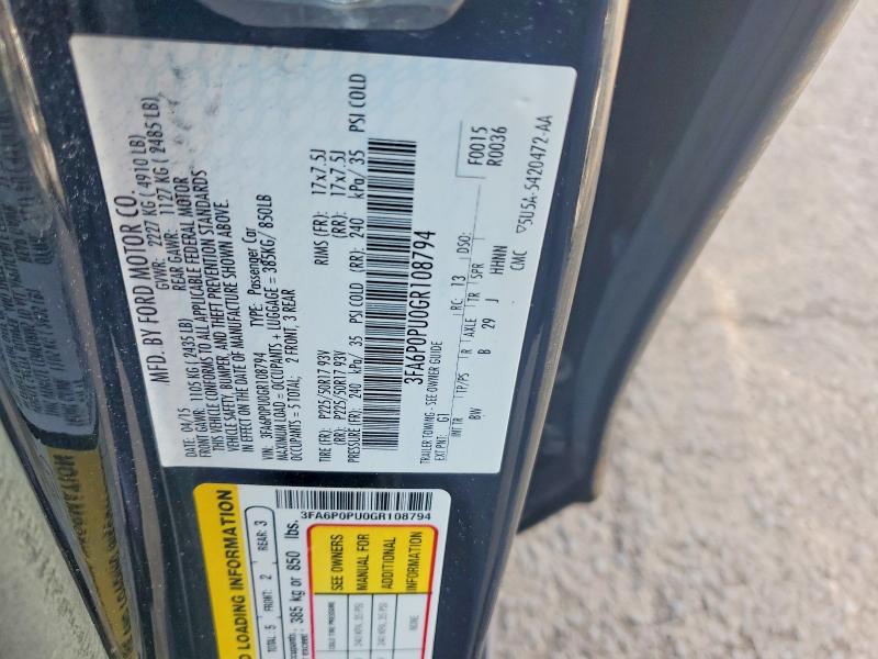 Aukcja sprzedaży 2016 Ford Fusion, vin: 3FA6P0PU0GR108794, numer aukcji: 65604996