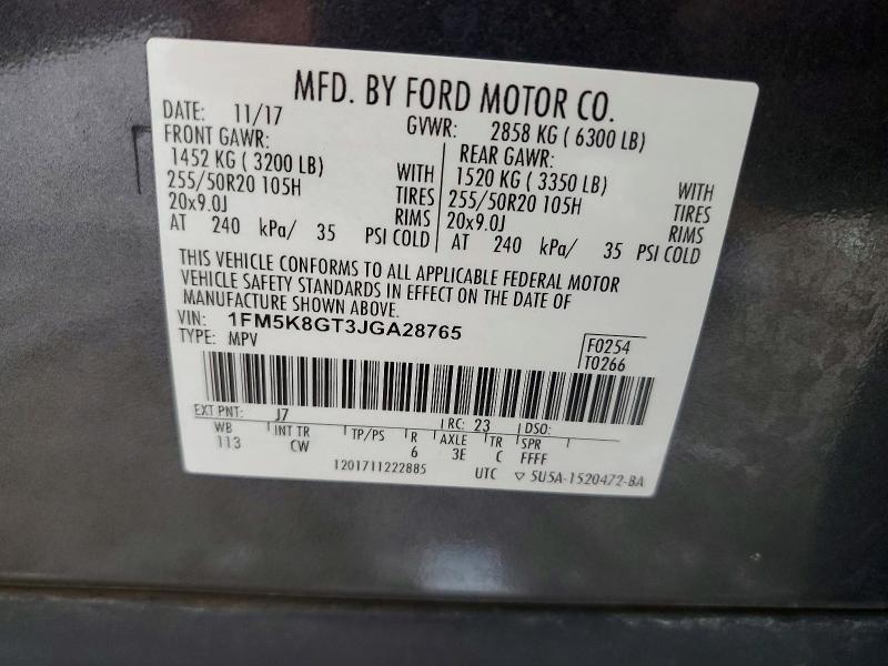 63193626 :رقم المزاد ، 1FM5K8GT3JGA28765 vin ، 2018 Ford Explorer مزاد بيع