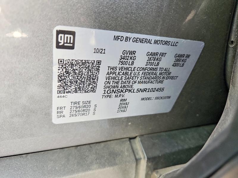 Aukcja sprzedaży 2022 Chevrolet Tahoe, vin: 1GNSKPKL5NR102455, numer aukcji: 66986686
