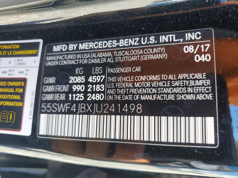 2018 Mercedes-benz C მანქანა იყიდება აუქციონზე, vin: 55SWF4JBXJU241498, აუქციონის ნომერი: 67306346