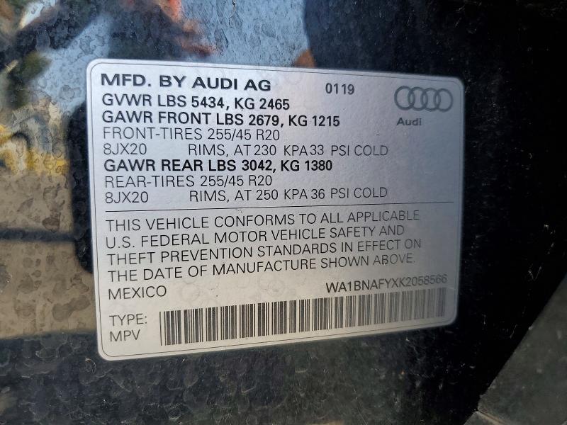 2019 Audi Q5 მანქანა იყიდება აუქციონზე, vin: WA1BNAFYXK2058566, აუქციონის ნომერი: 64307066
