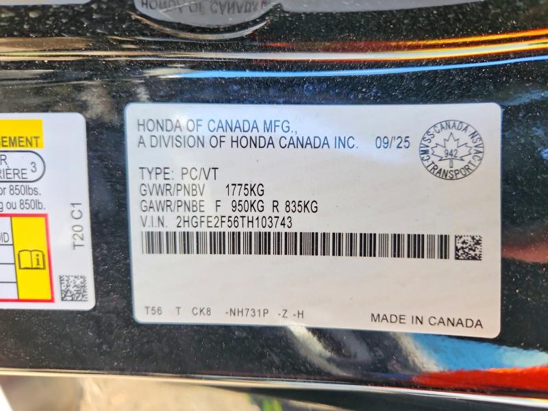 2026 Honda Civic მანქანა იყიდება აუქციონზე, vin: 2HGFE2F56TH103743, აუქციონის ნომერი: 62377756