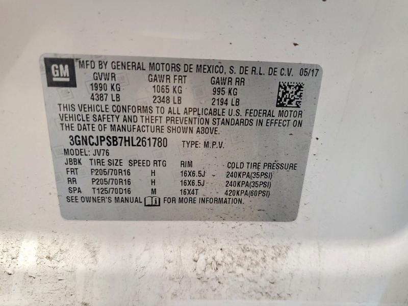2017 Chevrolet Trax მანქანა იყიდება აუქციონზე, vin: 3GNCJPSB7HL261780, აუქციონის ნომერი: 65483506