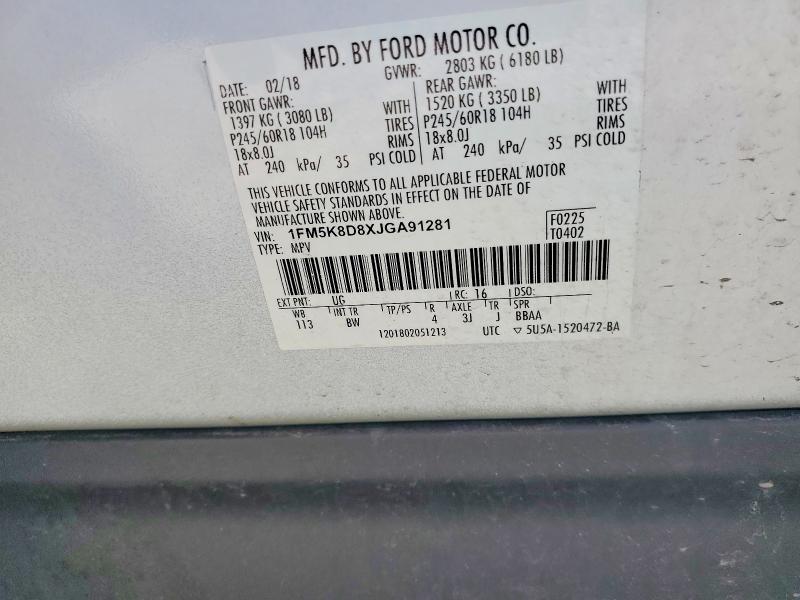 64091316 :رقم المزاد ، 1FM5K8D8XJGA91281 vin ، 2018 Ford Explorer مزاد بيع