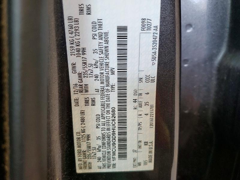 2017 Ford Escape მანქანა იყიდება აუქციონზე, vin: 1FMCU9GD9HUC62680, აუქციონის ნომერი: 66984346