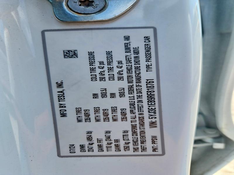 66130656 :رقم المزاد ، 5YJ3E1EB9RF818761 vin ، 2024 Tesla Model 3 مزاد بيع