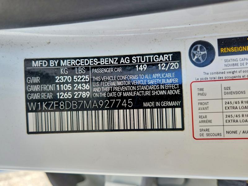 2021 Mercedes-benz E მანქანა იყიდება აუქციონზე, vin: W1KZF8DB7MA927745, აუქციონის ნომერი: 62971556