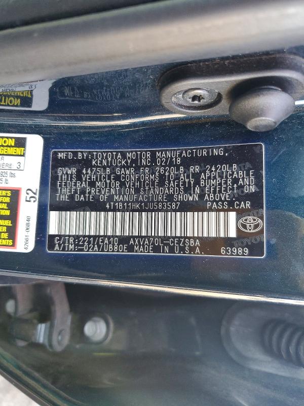 66936116 :رقم المزاد ، 4T1B11HK1JU583587 vin ، 2018 Toyota Camry مزاد بيع