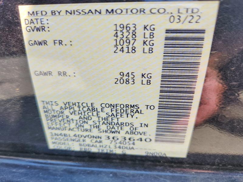 63891436 :رقم المزاد ، 1N4BL4DV0NN363640 vin ، 2022 Nissan Altima مزاد بيع