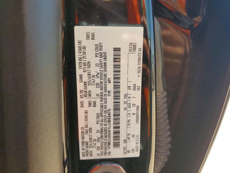 64949006 :رقم المزاد ، 1FMCU0G61LUB02475 vin ، 2020 Ford Escape مزاد بيع