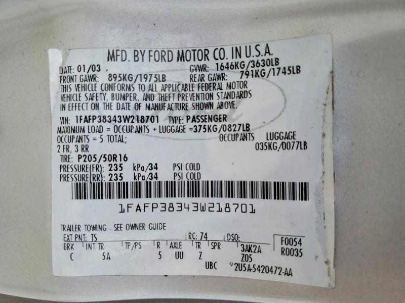 2003 Ford Focus მანქანა იყიდება აუქციონზე, vin: 1FAFP38343W218701, აუქციონის ნომერი: 65211806