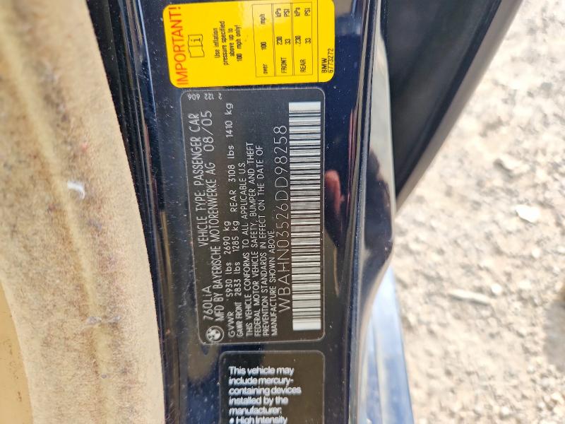 Продаж на аукціоні авто 2006 Bmw 760, vin: WBAHN03526DD98258, номер лоту: 65656066