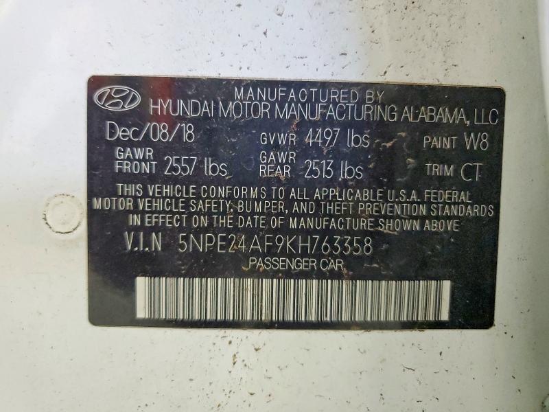 2019 Hyundai Sonata მანქანა იყიდება აუქციონზე, vin: 5NPE24AF9KH763358, აუქციონის ნომერი: 66968186