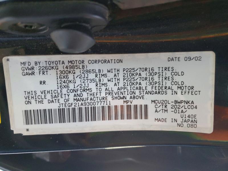 Aukcja sprzedaży 2003 Toyota Highlander, vin: JTEGF21A930077711, numer aukcji: 63265806