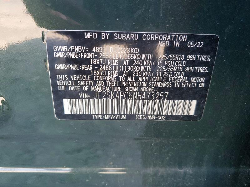 64287436 :رقم المزاد ، JF2SKAPC6NH473257 vin ، 2022 Subaru Forester مزاد بيع