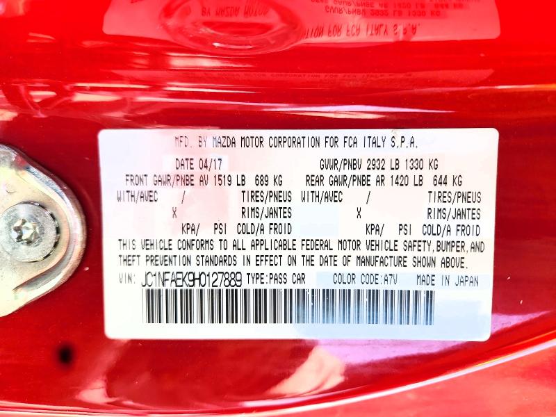 66507116 :رقم المزاد ، JC1NFAEK9H0127889 vin ، 2017 Fiat 124 Spider مزاد بيع