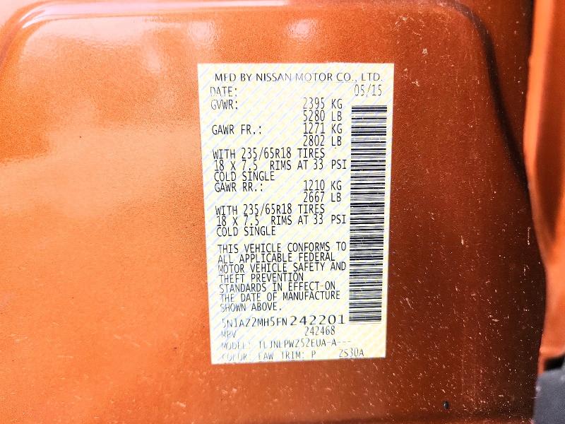 66713806 :رقم المزاد ، 5N1AZ2MH5FN242201 vin ، 2015 Nissan Murano مزاد بيع