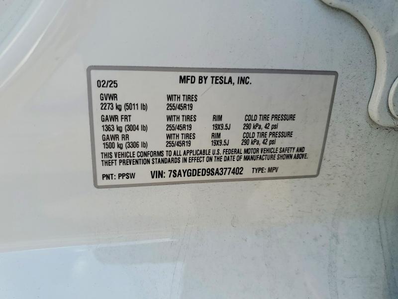 Aukcja sprzedaży 2025 Tesla Model Y, vin: 7SAYGDED9SA377402, numer aukcji: 64818236