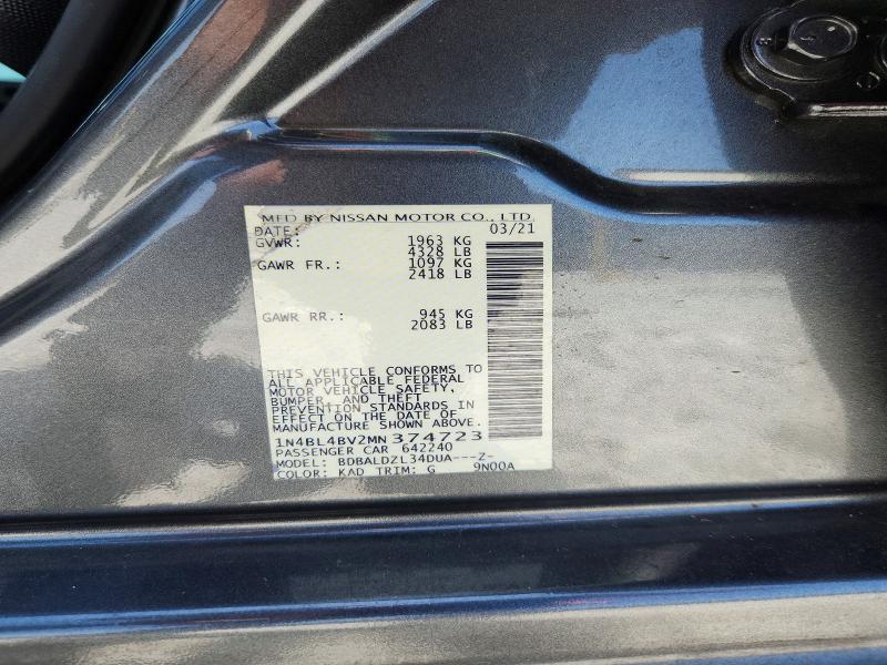 Aukcja sprzedaży 2021 Nissan Altima, vin: 1N4BL4BV2MN374723, numer aukcji: 65460786