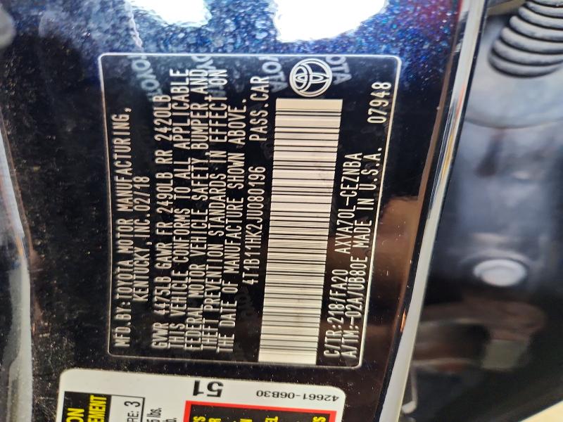 66714046 :رقم المزاد ، 4T1B11HK2JU080196 vin ، 2018 Toyota Camry مزاد بيع