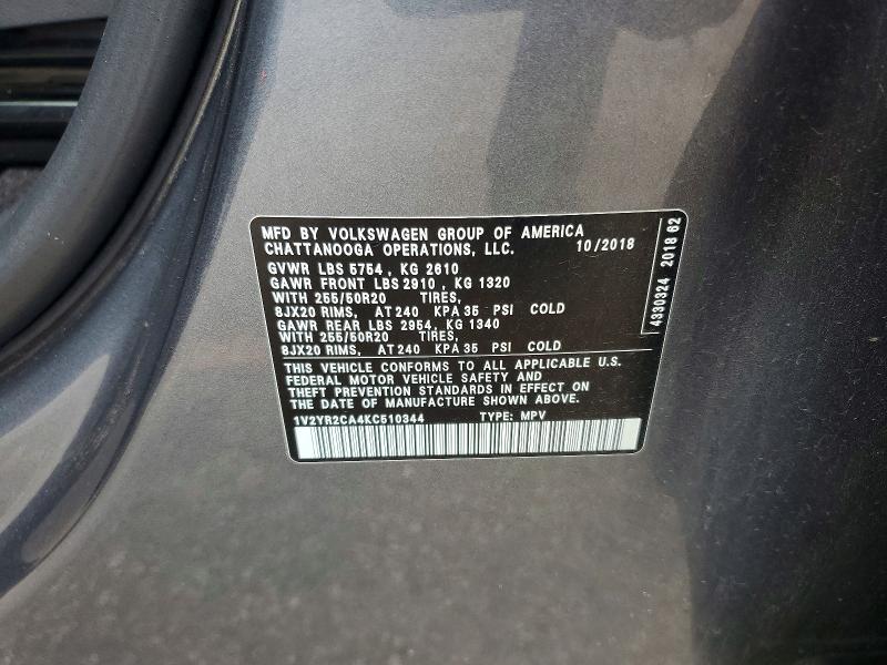 2019 Volkswagen Atlas მანქანა იყიდება აუქციონზე, vin: 1V2YR2CA4KC510344, აუქციონის ნომერი: 65015216