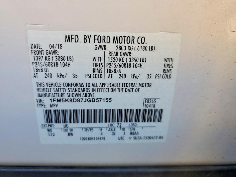 Продаж на аукціоні авто 2018 Ford Explorer, vin: 1FM5K8D87JGB57155, номер лоту: 64385486