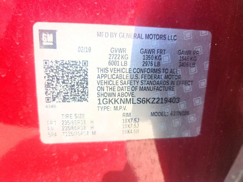 64466236 :رقم المزاد ، 1GKKNMLS6KZ219403 vin ، 2019 Gmc Acadia مزاد بيع