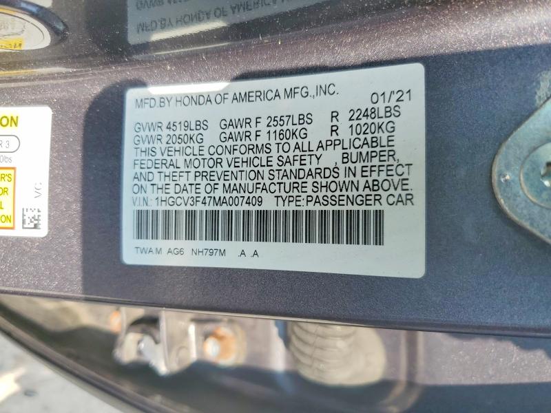 Продаж на аукціоні авто 2021 Honda Accord, vin: 1HGCV3F47MA007409, номер лоту: 64381256