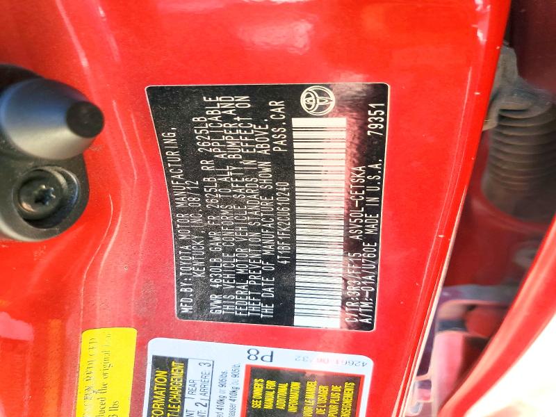 2012 Toyota Camry მანქანა იყიდება აუქციონზე, vin: 4T1BF1FK2CU610240, აუქციონის ნომერი: 65291986