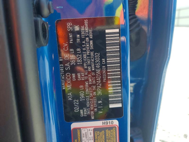 65191996 :رقم المزاد ، 3KPA24AD5NE463032 vin ، 2022 Kia Rio مزاد بيع